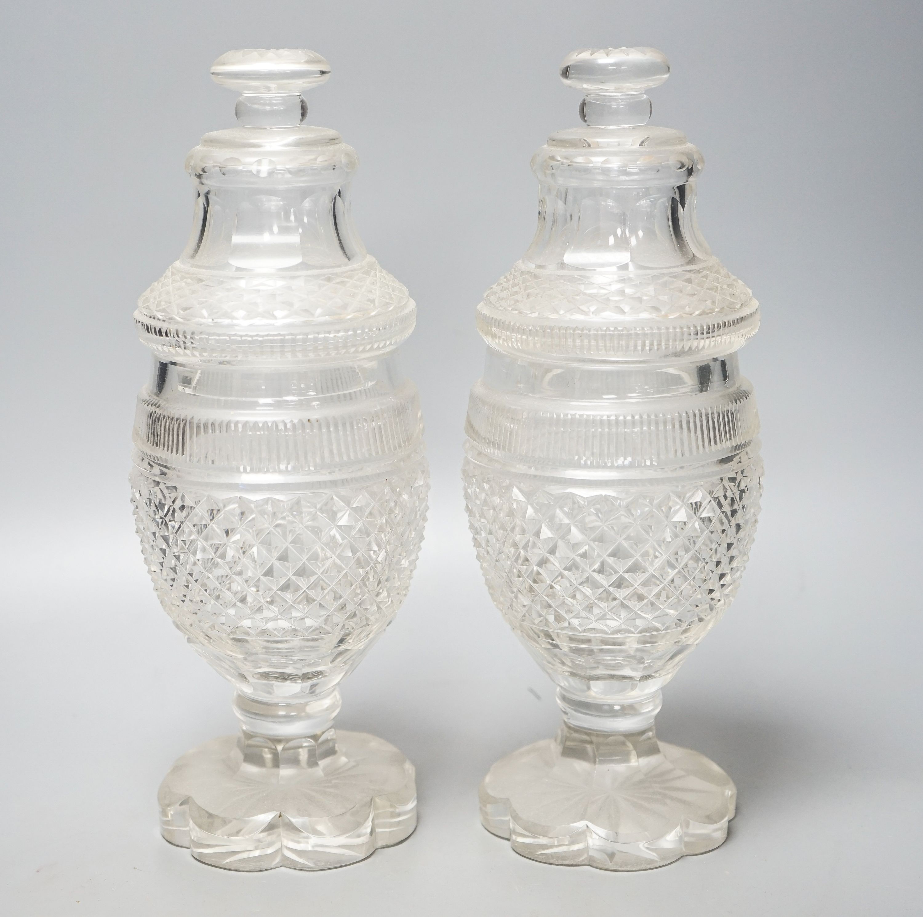 A pair of 19th century cut glass sweetmeat jars and covers, H 30cm